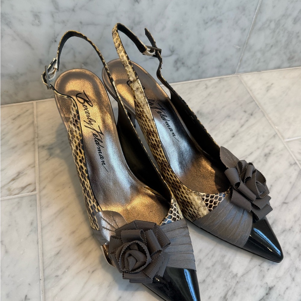 Beverly Feldman Taupe Snake-Print Slingback Pumps with Rosettes
